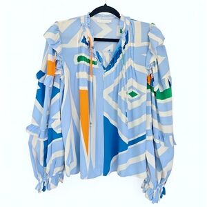 KARLIE Geomatric Loose Ruffle Blue Orange Top, L